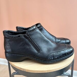 RIEKER Black Leather Ankle Boots with Croc Embossed Trim